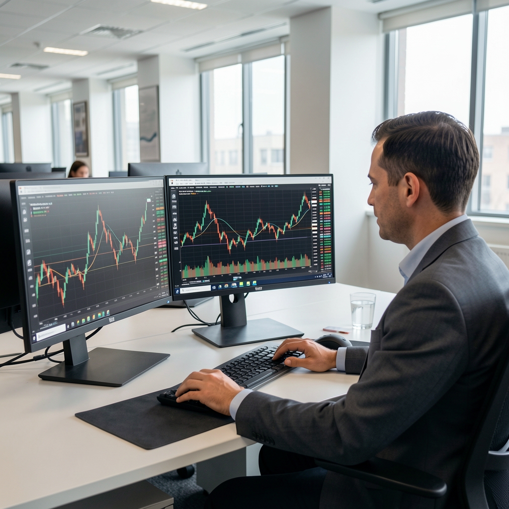 Finansal analist birden fazla monitörde hisse senedi grafikleri ve veri görselleştirmelerini inceliyor, profesyonel ofis ortamı