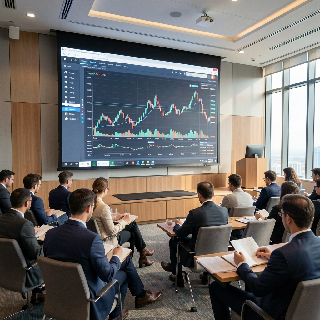 Profesyonel finans eğitim ortamı, geniş ekranda finansal grafikler yansıtılıyor, katılımcılar not tutuyor, modern konferans salonu