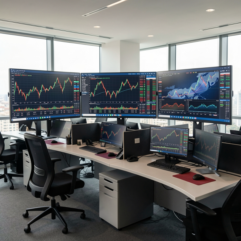 Modern haber odası düzeninde birden fazla ekran canlı finansal piyasa veri akışlarını ve haber bantlarını gösteriyor