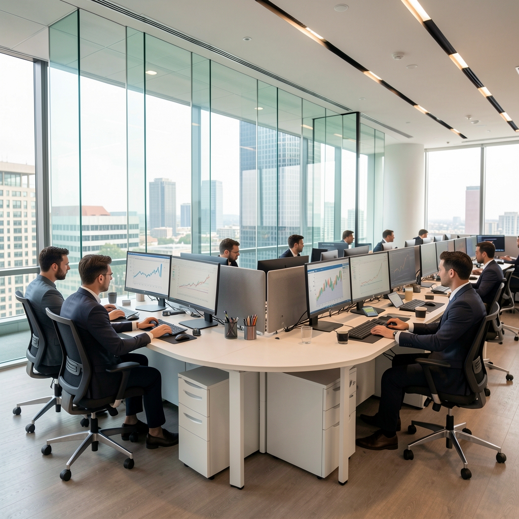 Modern açık plan finansal ofis içi, cam duvarlar, profesyonel ekip kavisli masalarda birden fazla ekranla çalışıyor